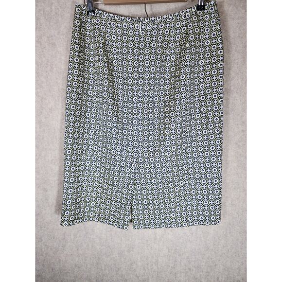 TALBOTS Blue Black Beige Geometric Design Silk Wool Blend Below Knee Skirt SZ 12 - Picture 2 of 8